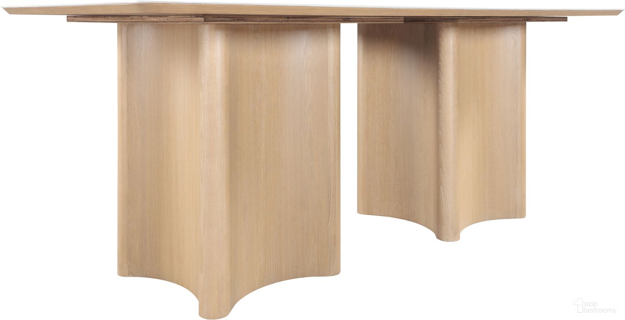 The appearance of Corvina Oak Veneer Dining Table In Natural and Natural designed by Meridian in the modern / contemporary interior design. This natural and natural piece of furniture  was selected by 1StopBedrooms from Corvina Collection to add a touch of cosiness and style into your home. Sku: 941Natural-T Box 1/2 (Top);941Natural-T Box 2/2 (Base). Table Base Style: Double Pedestal. Material: Stone. Table Top Shape: Rectangular. Size: 39" x 78".