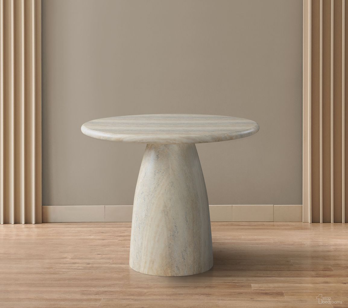 The appearance of Cosenza 36 Inch Concrete Dining Table In Travertine designed by Meridian in the modern / contemporary interior design. This travertine piece of furniture  was selected by 1StopBedrooms from Cosenza Collection to add a touch of cosiness and style into your home. Sku: 700Travertine-T Box 1/2 (Top);700Travertine-T Box 2/2 (Base). Table Base Style: Pedestal. Table Top Shape: Round. Material: Concrete. Size: 36".