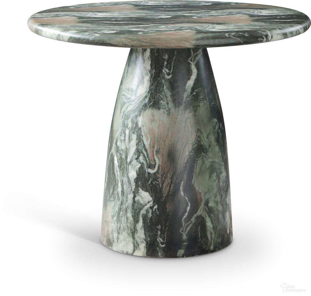 The appearance of Cosenza 36 Inch Marble Finish Concrete Dining Table In Green designed by Meridian in the modern / contemporary interior design. This green piece of furniture  was selected by 1StopBedrooms from Cosenza Collection to add a touch of cosiness and style into your home. Sku: 700Green-T Box 1/2 (Top);700Green-T Box 2/2 (Base). Table Base Style: Pedestal. Table Top Shape: Round. Material: Concrete. Size: 36".