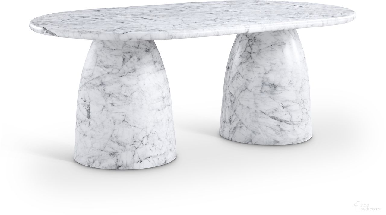 The appearance of Cosenza 78 Inch Marble Finish Concrete Dining Table In White designed by Meridian in the modern / contemporary interior design. This white piece of furniture  was selected by 1StopBedrooms from Cosenza Collection to add a touch of cosiness and style into your home. Sku: 702White-T Box 1/3 (Top);702White-T Box 2/3 (Base1);702White-T Box 3/3 (Base2). Table Base Style: Double Pedestal. Table Top Shape: Rectangular. Material: Concrete. Size: 45" x 78".