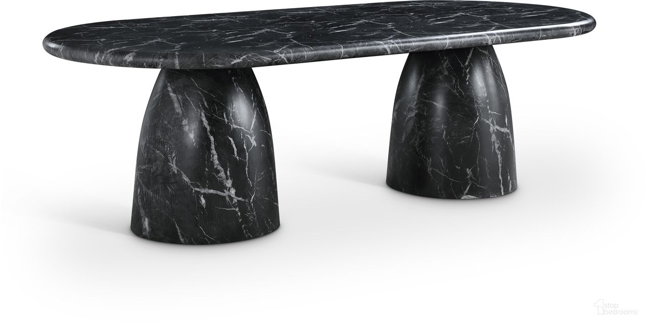 The appearance of Cosenza 96 Inch Marble Finish Concrete Dining Table In Black designed by Meridian in the modern / contemporary interior design. This black piece of furniture  was selected by 1StopBedrooms from Cosenza Collection to add a touch of cosiness and style into your home. Sku: 708Black-T Box 1/3 (Top);708Black-T Box 2/3 (Base1);708Black-T Box 3/3 (Base2). Table Base Style: Double Pedestal. Table Top Shape: Rectangular. Material: Concrete. Size: 45" x 96".
