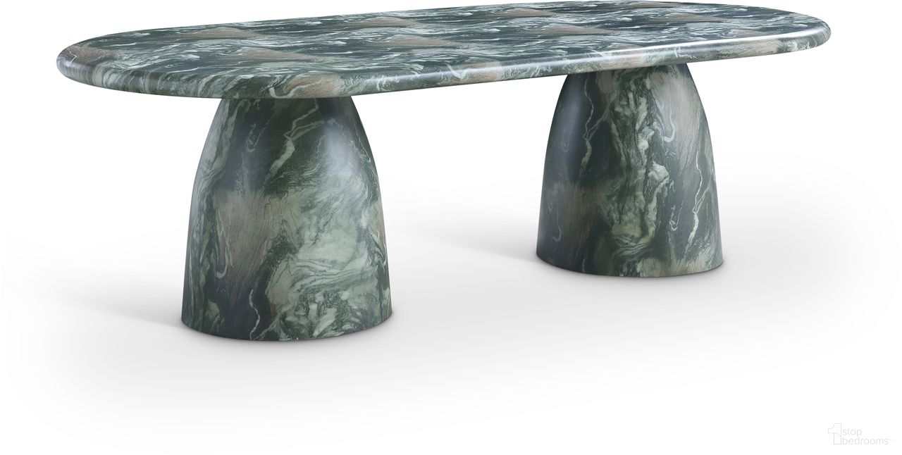 The appearance of Cosenza 96 Inch Marble Finish Concrete Dining Table In Green designed by Meridian in the modern / contemporary interior design. This green piece of furniture  was selected by 1StopBedrooms from Cosenza Collection to add a touch of cosiness and style into your home. Sku: 708Green-T Box 1/3 (Top);708Green-T Box 2/3 (Base1);708Green-T Box 3/3 (Base2). Table Base Style: Double Pedestal. Table Top Shape: Rectangular. Material: Concrete. Size: 45" x 96".