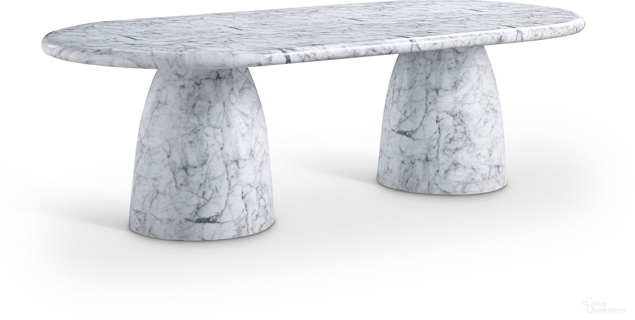 The appearance of Cosenza 96 Inch Marble Finish Concrete Dining Table In White designed by Meridian in the modern / contemporary interior design. This white piece of furniture  was selected by 1StopBedrooms from Cosenza Collection to add a touch of cosiness and style into your home. Sku: 708White-T Box 1/3 (Top);708White-T Box 2/3 (Base1);708White-T Box 3/3 (Base2). Table Base Style: Double Pedestal. Table Top Shape: Rectangular. Material: Concrete. Size: 45" x 96".