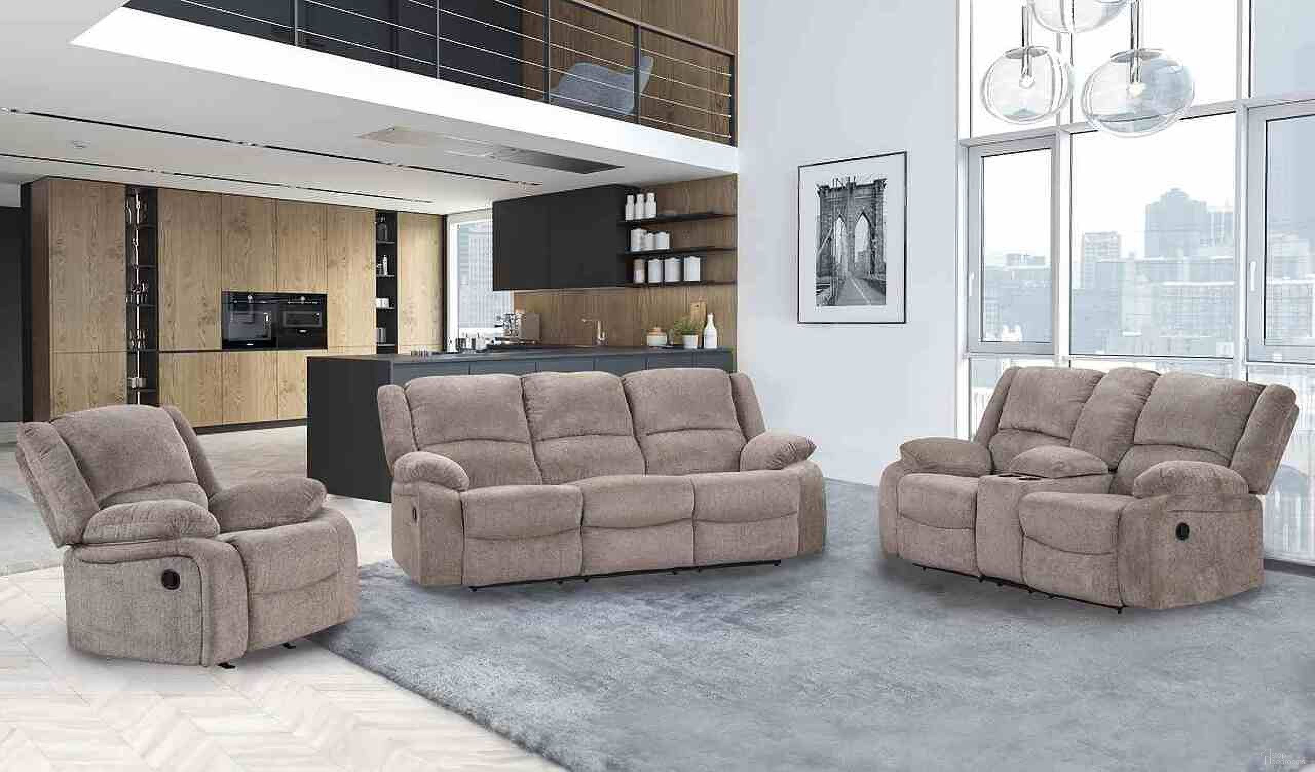 The appearance of Cosimo Living Room Set In Mocha designed by Furniture of America in the transitional interior design. This mocha piece of furniture was selected by 1StopBedrooms from Cosimo Collection to add a touch of cosiness and style into your home. Sku: NX6003GY-SF;NX6003GY-LV. Material: Chenille.
