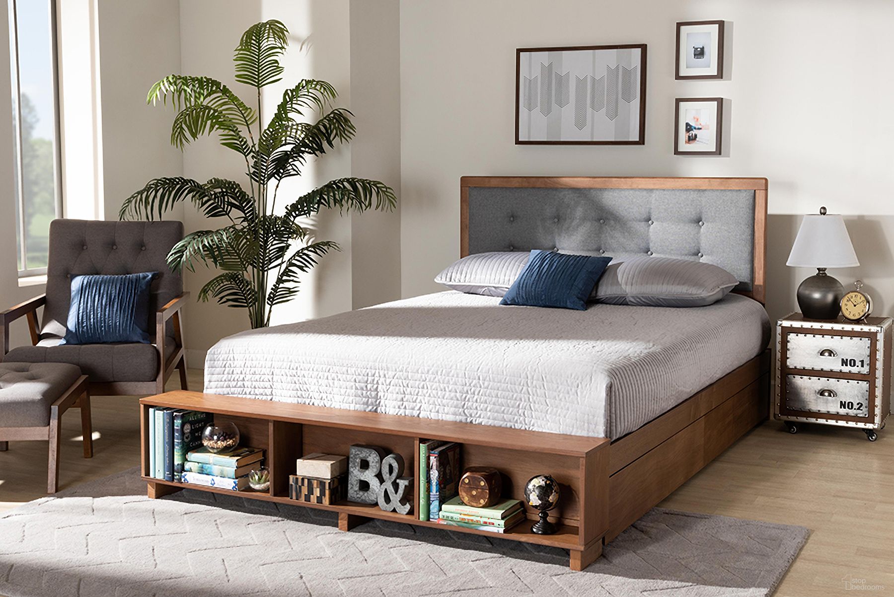 The appearance of Cosma Modern Transitional Ash Walnut Brown and Dark Grey Finished Wood 4-Drawer King Size Platform Storage Bed designed by Baxton Studio in the modern / contemporary interior design. This dark grey piece of furniture  was selected by 1StopBedrooms from Cosma Collection to add a touch of cosiness and style into your home. Sku: Cosma-Dark Grey/Ash Walnut-King. Bed Type: Storage Bed. Bed Size: King. Material: Rubberwood.