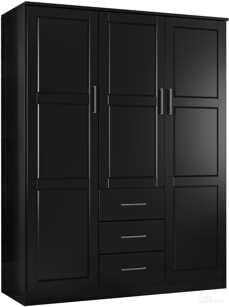 The appearance of Cosmo 3-Door Wardrobe with Raised Panel Doors In Black designed by Palace Imports in the modern / contemporary interior design. This black piece of furniture was selected by 1StopBedrooms from Cosmo Collection to add a touch of cosiness and style into your home. Sku: 7117D. Material: Solid Pine Wood.