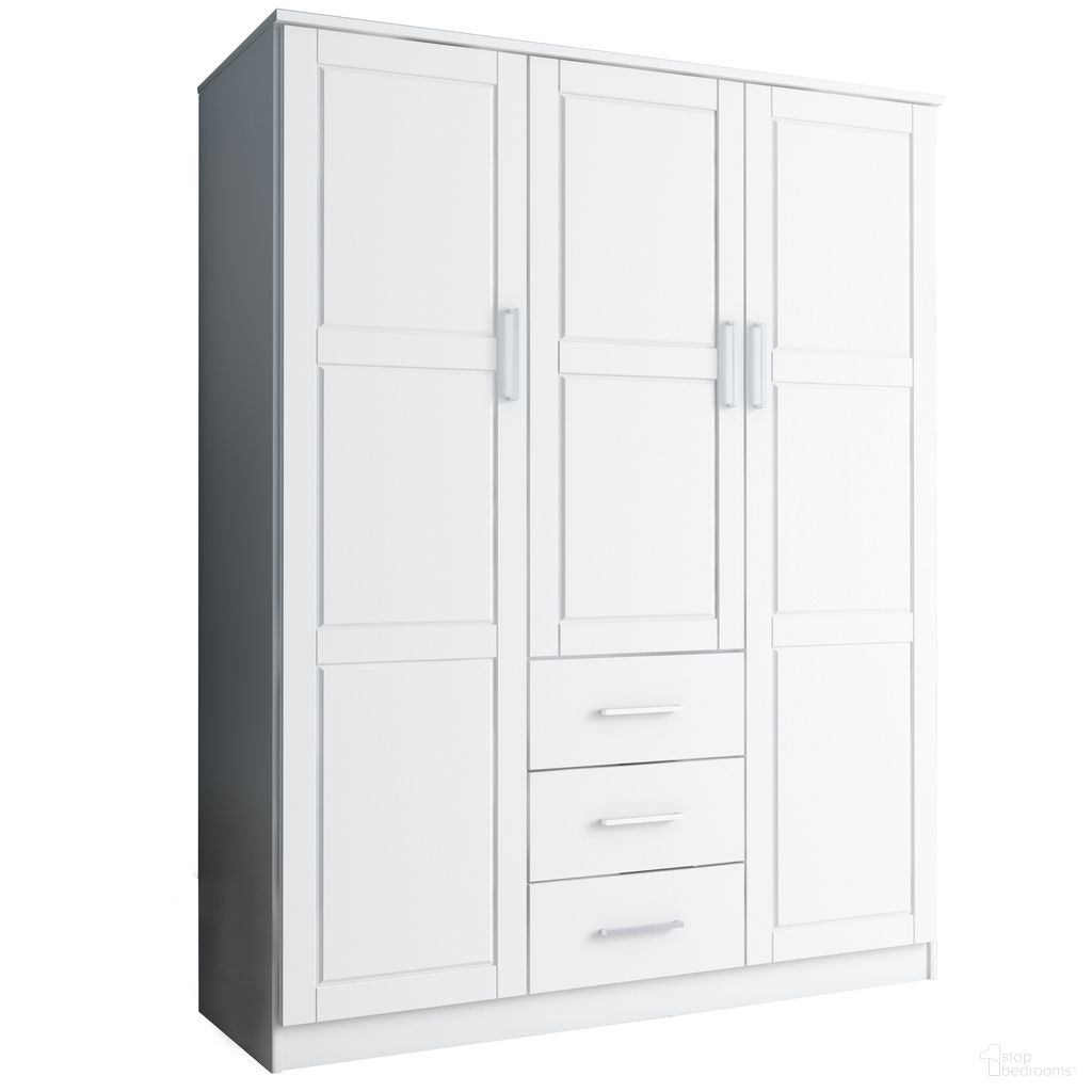 The appearance of Cosmo 3-Door Wardrobe with Raised Panel Doors In White designed by Palace Imports in the modern / contemporary interior design. This white piece of furniture  was selected by 1StopBedrooms from Cosmo Collection to add a touch of cosiness and style into your home. Sku: 7111D. Material: Solid Pine Wood.