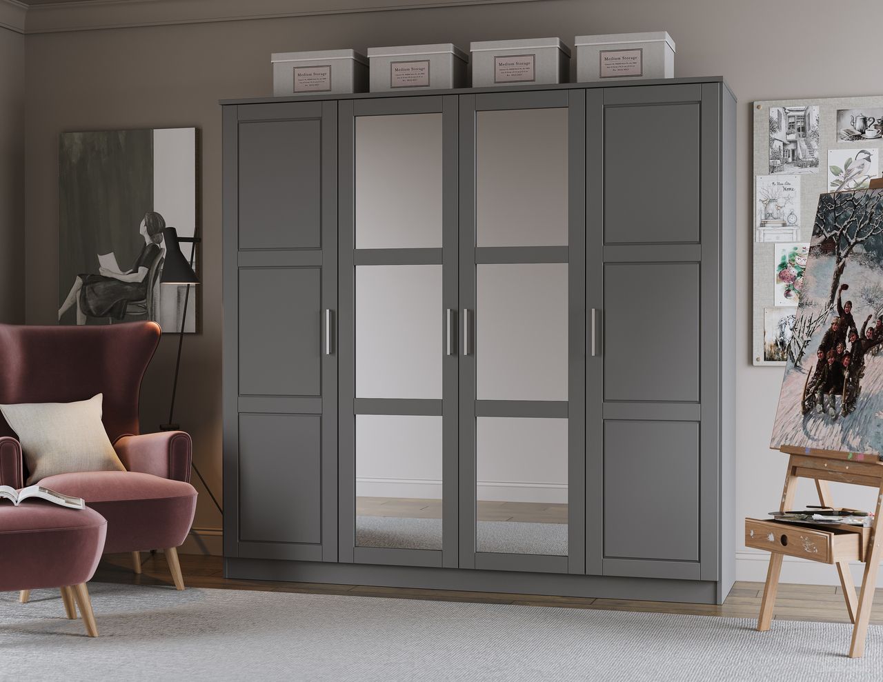 The appearance of Cosmo 4-Door Wardrobe with Mirrored Doors In Gray designed by Palace Imports in the modern / contemporary interior design. This gray piece of furniture was selected by 1StopBedrooms from Cosmo Collection to add a touch of cosiness and style into your home. Sku: 7305M. Material: Solid Pine Wood.