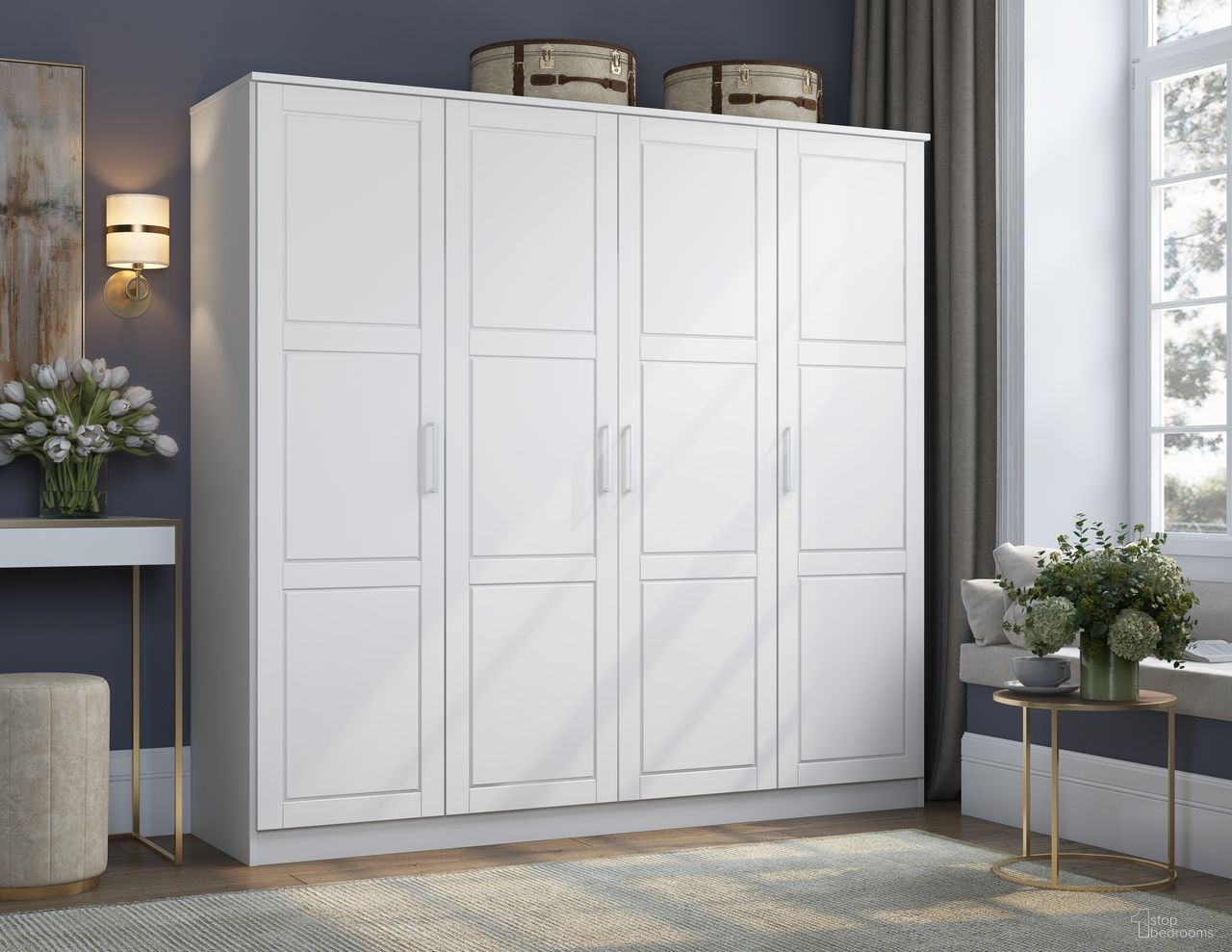 The appearance of Cosmo 4-Door Wardrobe with Raised Panel Doors In White designed by Palace Imports in the modern / contemporary interior design. This white piece of furniture  was selected by 1StopBedrooms from Cosmo Collection to add a touch of cosiness and style into your home. Sku: 7301D. Material: Solid Pine Wood.
