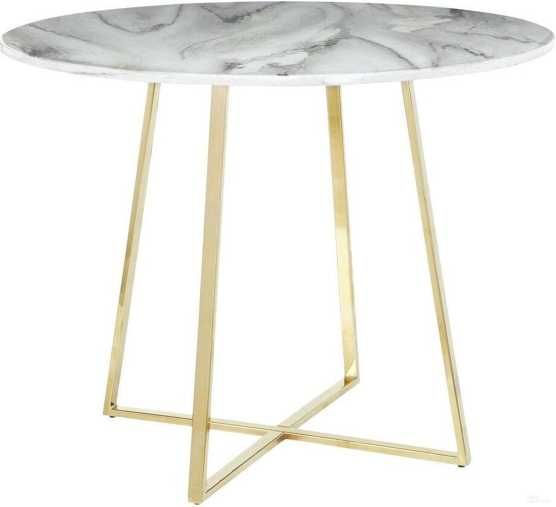 The appearance of Cosmo Contemporary/Glam Dining Table In Gold Metal And White Marble Top designed by Lumisource in the modern / contemporary interior design. This gold piece of furniture  was selected by 1StopBedrooms from Cosmo Collection to add a touch of cosiness and style into your home. Sku: DT-COSMO2 AUWMB. Table Base Style: Pedestal. Table Top Shape: Round. Material: Metal. Size: 40".