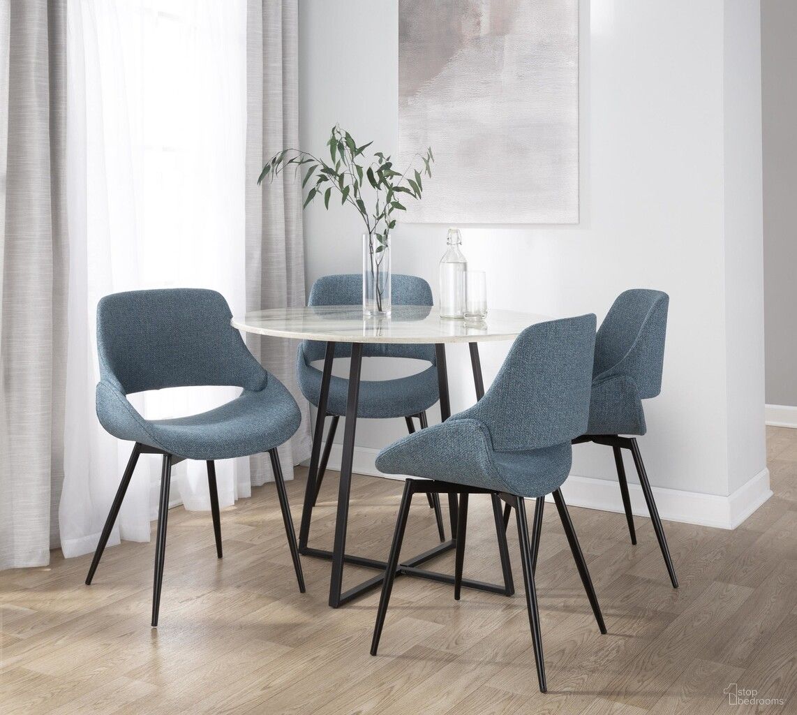 The appearance of Cosmo-Fabrico Dining Set In Black and Blue designed by Lumisource in the modern / contemporary interior design. This black and blue piece of furniture was selected by 1StopBedrooms from Cosmo Collection to add a touch of cosiness and style into your home. Sku: DT-COSMO2 BKWMB;CH-FABRICO-FBCO2 BKFBU2. Table Base Style: Trestle. Table Top Shape: Round. Material: Marble.
