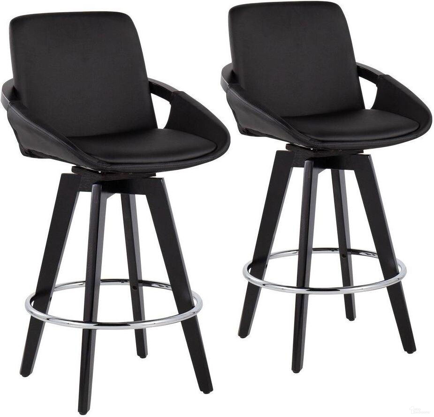 Cosmo Fixed-Height Swivel Counter Stool Set of 2 in Black Wood with Round Chrome Metal Footrest and Black Faux Leather Seat