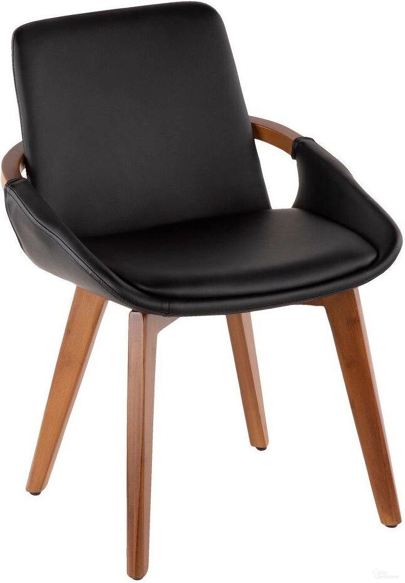 The appearance of Cosmo Mid-Century Chair In Walnut And Black Faux Leather designed by Lumisource in the transitional interior design. This black piece of furniture was selected by 1StopBedrooms from Cosmo Collection to add a touch of cosiness and style into your home. Sku: CH-COSMO WL+BK. Material: Faux Leather. Chair Type: Side Chair.