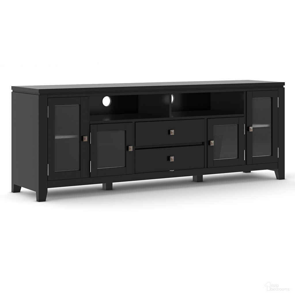 The appearance of Cosmopolitan Solid Wood 72 Inch Wide TV Media Stand In Black designed by Simpli Home in the modern / contemporary interior design. This black piece of furniture was selected by 1StopBedrooms from Cosmopolitan Collection to add a touch of cosiness and style into your home. Sku: AXCCOS72-BL. Material: Pine.