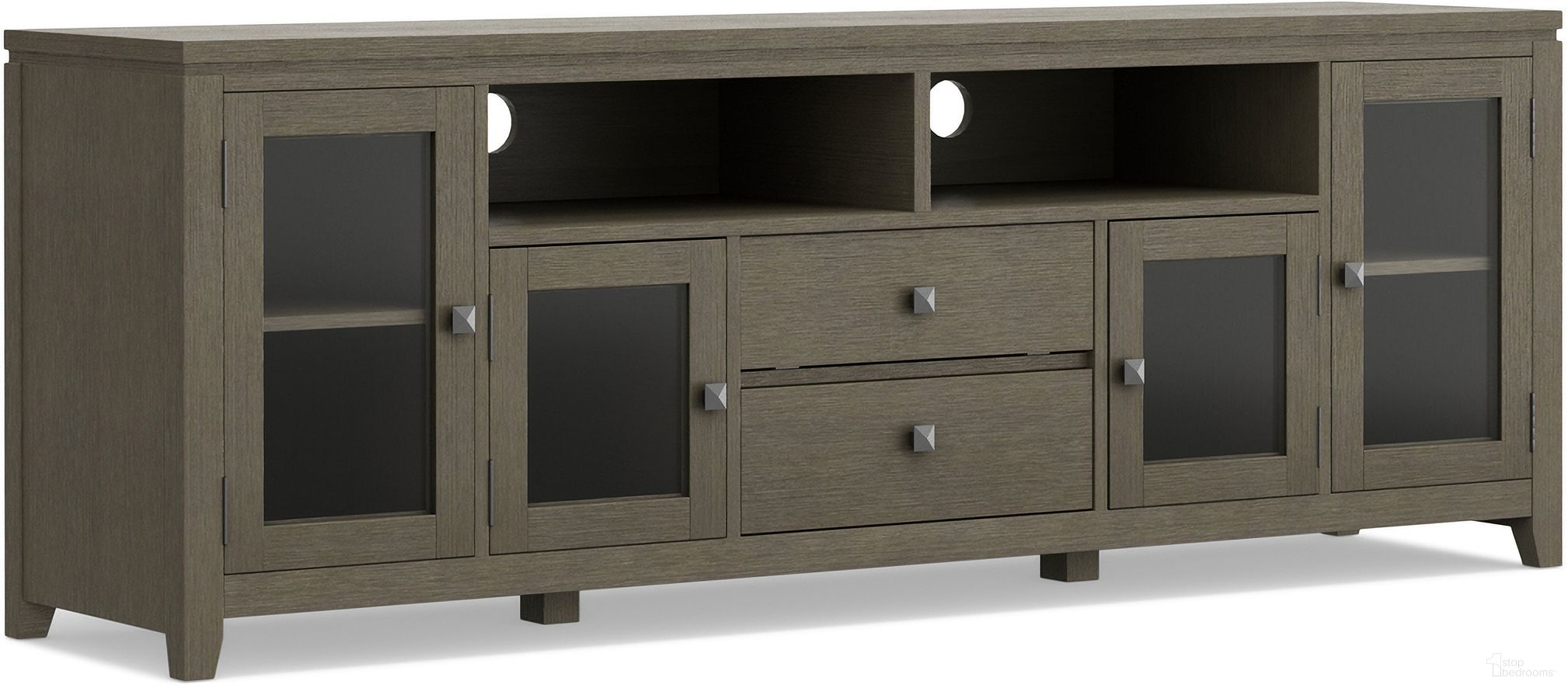 The appearance of Cosmopolitan Solid Wood 72 Inch Wide TV Media Stand In Farmhouse Grey designed by Simpli Home in the modern / contemporary interior design. This farmhouse grey piece of furniture was selected by 1StopBedrooms from Cosmopolitan Collection to add a touch of cosiness and style into your home. Sku: AXCCOS72-FG. Material: Pine.