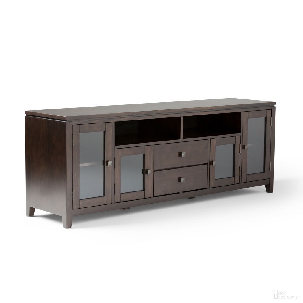 The appearance of Cosmopolitan Solid Wood 72 Inch Wide TV Media Stand In Mahogany Brown designed by Simpli Home in the modern / contemporary interior design. This mahogany brown piece of furniture was selected by 1StopBedrooms from Cosmopolitan Collection to add a touch of cosiness and style into your home. Sku: AXCRCOS72-MAH. Material: Pine.