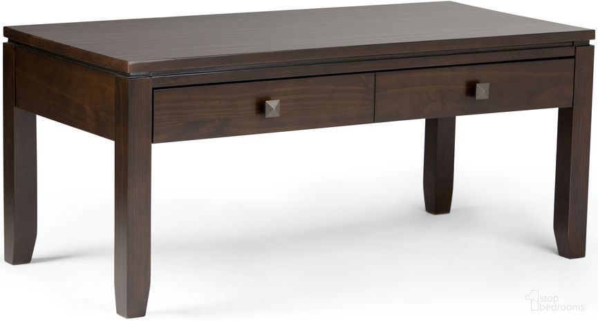 The appearance of Cosmopolitan Solid Wood Coffee Table In Mahogany Brown designed by Simpli Home in the modern / contemporary interior design. This mahogany brown piece of furniture was selected by 1StopBedrooms from Cosmopolitan Collection to add a touch of cosiness and style into your home. Sku: AXCRCOS01-MAH. Material: Pine.