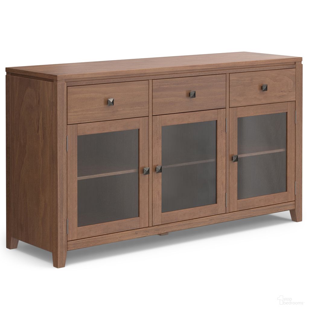 The appearance of Cosmopolitan Solid Wood Sideboard Buffet In Medium Saddle Brown designed by Simpli Home in the modern / contemporary interior design. This medium saddle brown piece of furniture  was selected by 1StopBedrooms from Cosmopolitan Collection to add a touch of cosiness and style into your home. Sku: AXCCOS11-MSB. Material: Pine.