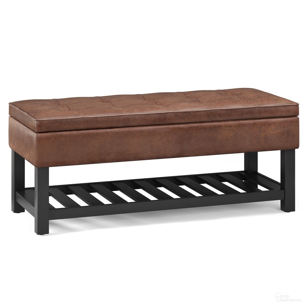 Cosmopolitan Solid Wood Storage Ottoman Bench with Open Bottom In Distressed Saddle Brown