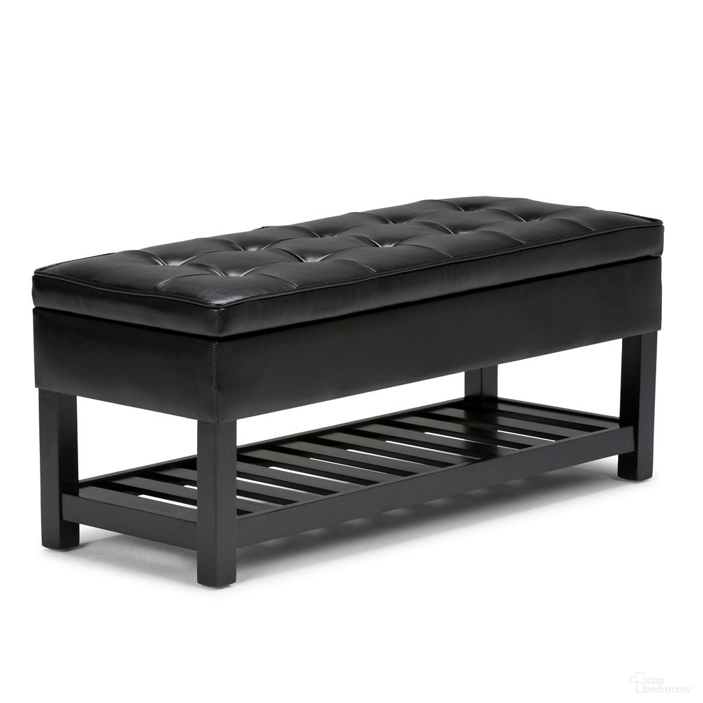 The appearance of Cosmopolitan Solid Wood Storage Ottoman Bench with Open Bottom In Midnight Black designed by Simpli Home in the transitional interior design. This midnight black piece of furniture was selected by 1StopBedrooms from Cosmopolitan Collection to add a touch of cosiness and style into your home. Sku: AXCCOS-OTTBNCH-01-BL. Material: Faux Leather.