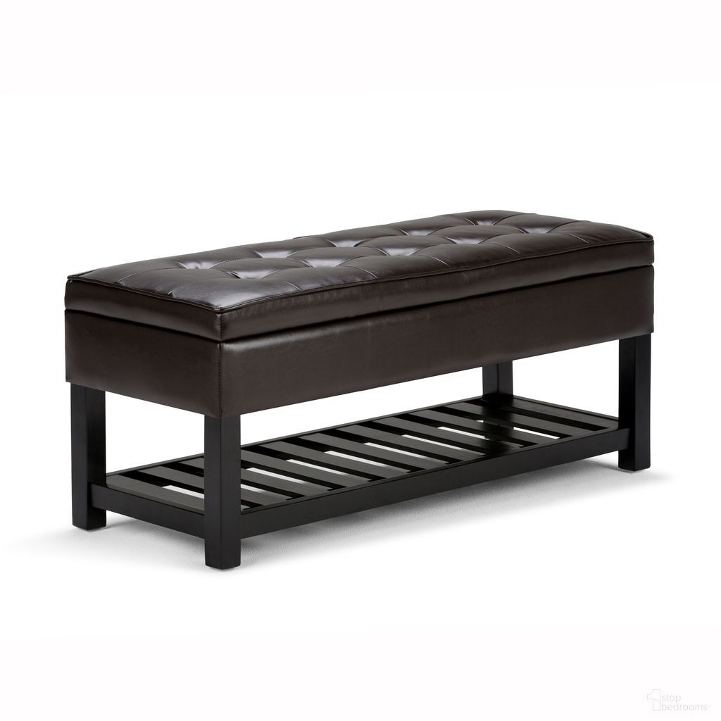 The appearance of Cosmopolitan Solid Wood Storage Ottoman Bench with Open Bottom In Tanners Brown designed by Simpli Home in the transitional interior design. This tanners brown piece of furniture was selected by 1StopBedrooms from Cosmopolitan Collection to add a touch of cosiness and style into your home. Sku: INT-AXCCOS-OTTBNCH-01. Material: Faux Leather.
