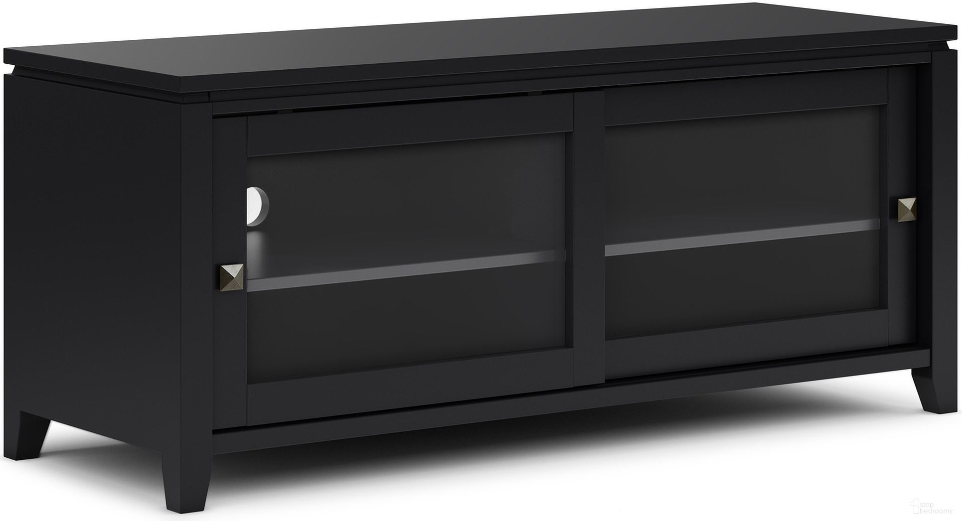 The appearance of Cosmopolitan Solid Wood TV Media Stand In Black designed by Simpli Home in the modern / contemporary interior design. This black piece of furniture was selected by 1StopBedrooms from Cosmopolitan Collection to add a touch of cosiness and style into your home. Sku: AXCCOS-TV-BL. Material: Pine.