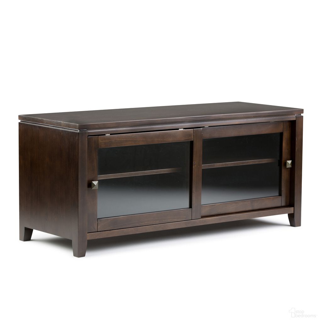 The appearance of Cosmopolitan Solid Wood TV Media Stand In Mahogany Brown designed by Simpli Home in the modern / contemporary interior design. This mahogany brown piece of furniture was selected by 1StopBedrooms from Cosmopolitan Collection to add a touch of cosiness and style into your home. Sku: AXCRCOS16-MAH. Material: Pine.