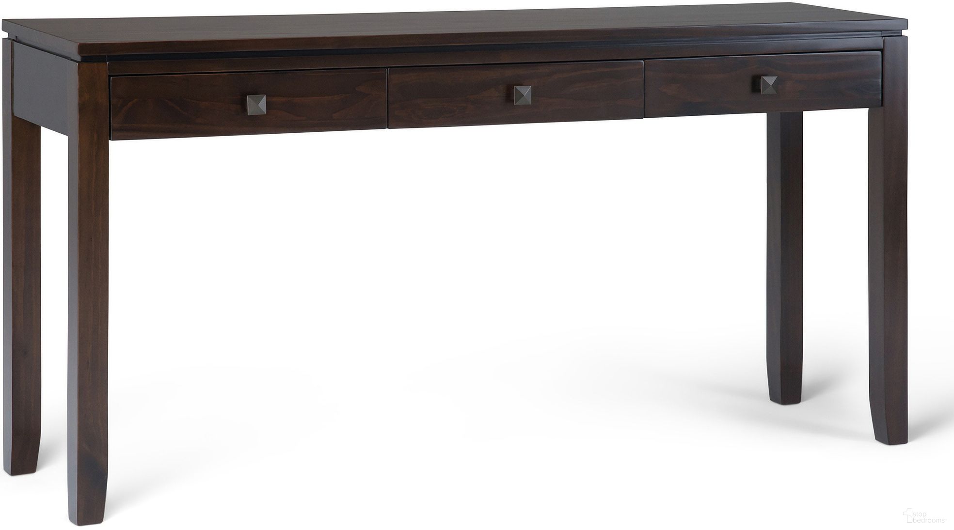 The appearance of Cosmopolitan Solid Wood Wide Console Sofa Table In Mahogany Brown designed by Simpli Home in the modern / contemporary interior design. This mahogany brown piece of furniture was selected by 1StopBedrooms from Cosmopolitan Collection to add a touch of cosiness and style into your home. Sku: AXCRCOS07-MAH. Material: Pine.