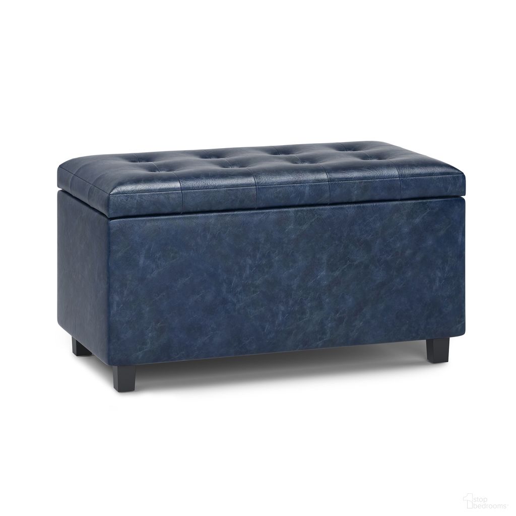 The appearance of Cosmopolitan Vegan Faux Leather Storage Ottoman In Denim Blue designed by Simpli Home in the modern / contemporary interior design. This denim blue piece of furniture was selected by 1StopBedrooms from Cosmopolitan Collection to add a touch of cosiness and style into your home. Sku: AY-S-38-DBU. Material: Faux Leather.