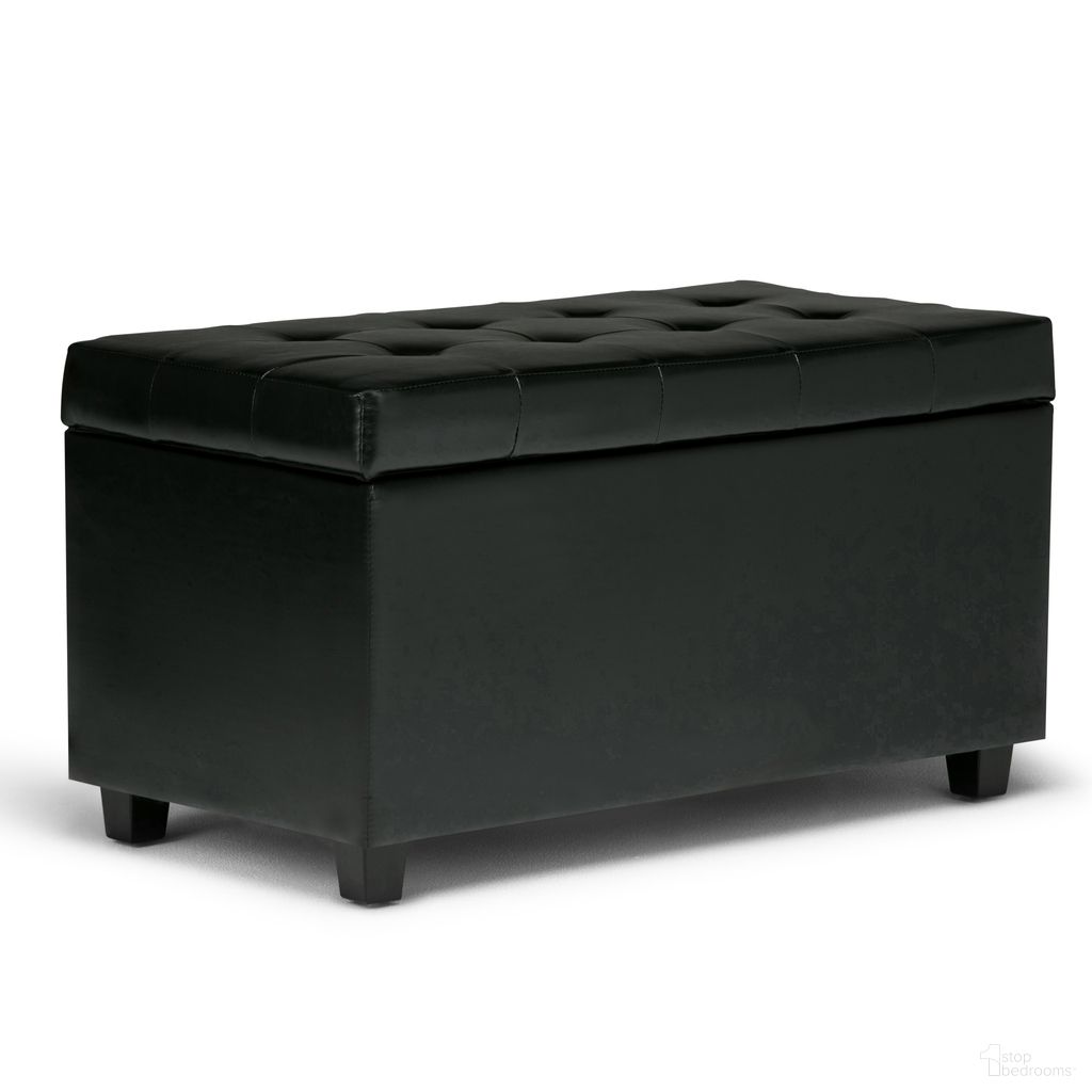 The appearance of Cosmopolitan Vegan Faux Leather Storage Ottoman In Midnight Black designed by Simpli Home in the transitional interior design. This midnight black piece of furniture was selected by 1StopBedrooms from Cosmopolitan Collection to add a touch of cosiness and style into your home. Sku: AY-S-38-BL. Material: Faux Leather.