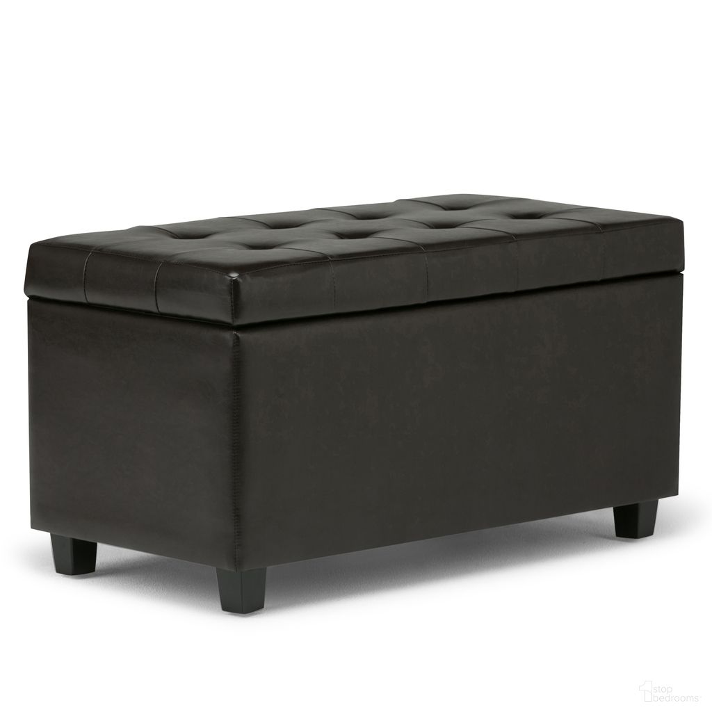 The appearance of Cosmopolitan Vegan Faux Leather Storage Ottoman In Tanners Brown designed by Simpli Home in the transitional interior design. This tanners brown piece of furniture was selected by 1StopBedrooms from Cosmopolitan Collection to add a touch of cosiness and style into your home. Sku: S-38. Material: Faux Leather.