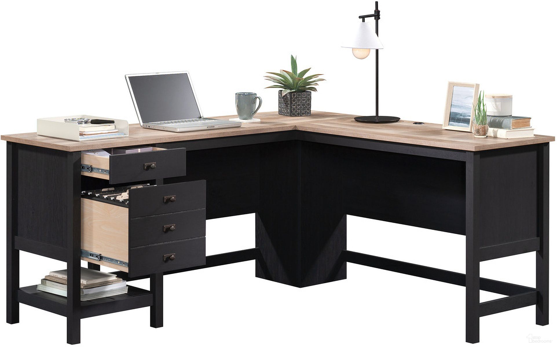 The appearance of Cottage Road L-Shaped Desk In Raven Oak designed by Sauder in the transitional interior design. This raven oak piece of furniture was selected by 1StopBedrooms from Cottage Road Collection to add a touch of cosiness and style into your home. Sku: 431264. Material: Engineered Wood.