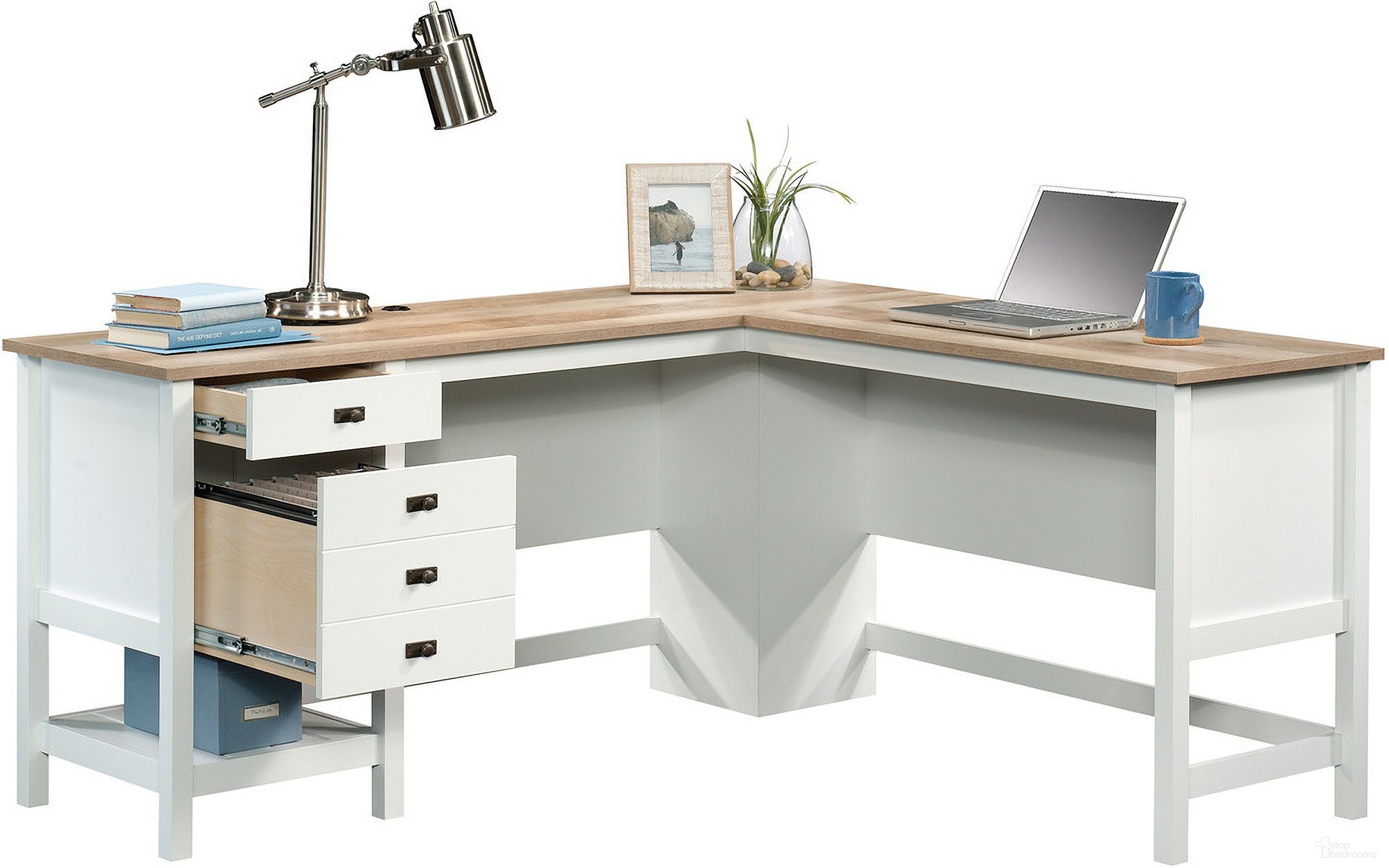 The appearance of Cottage Road L-Shaped Desk In Soft White designed by Sauder in the transitional interior design. This soft white piece of furniture was selected by 1StopBedrooms from Cottage Road Collection to add a touch of cosiness and style into your home. Sku: 428225. Material: Engineered Wood.