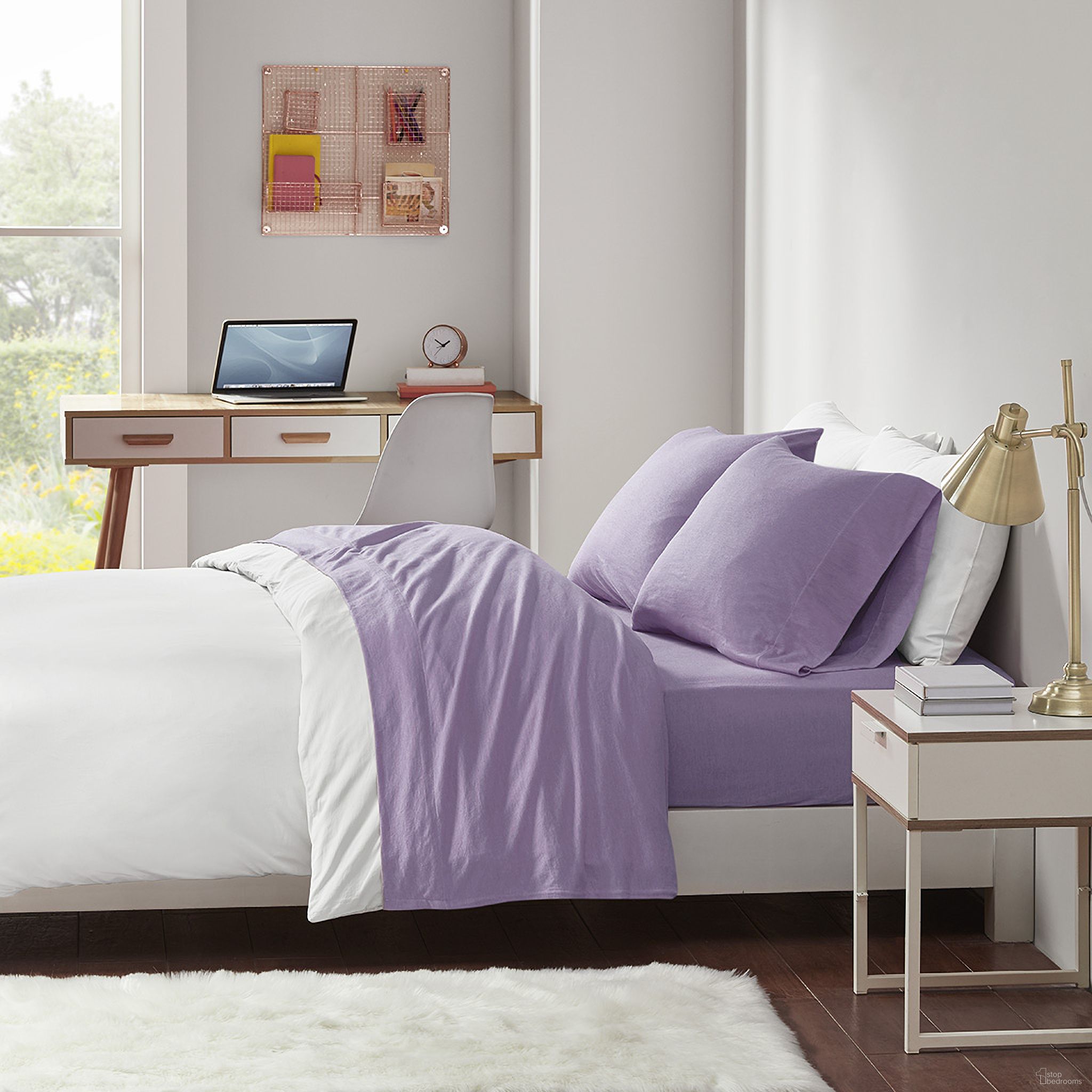 The appearance of Cotton And Polyester Jersey Knit 4 Piece Full Sheet Set In Purple designed by Olliix in the transitional interior design. This purple piece of furniture was selected by 1StopBedrooms from Cotton Blend Jersey Knit Collection to add a touch of cosiness and style into your home. Sku: ID20-705. Material: Polyester. Bed Size: Full.
