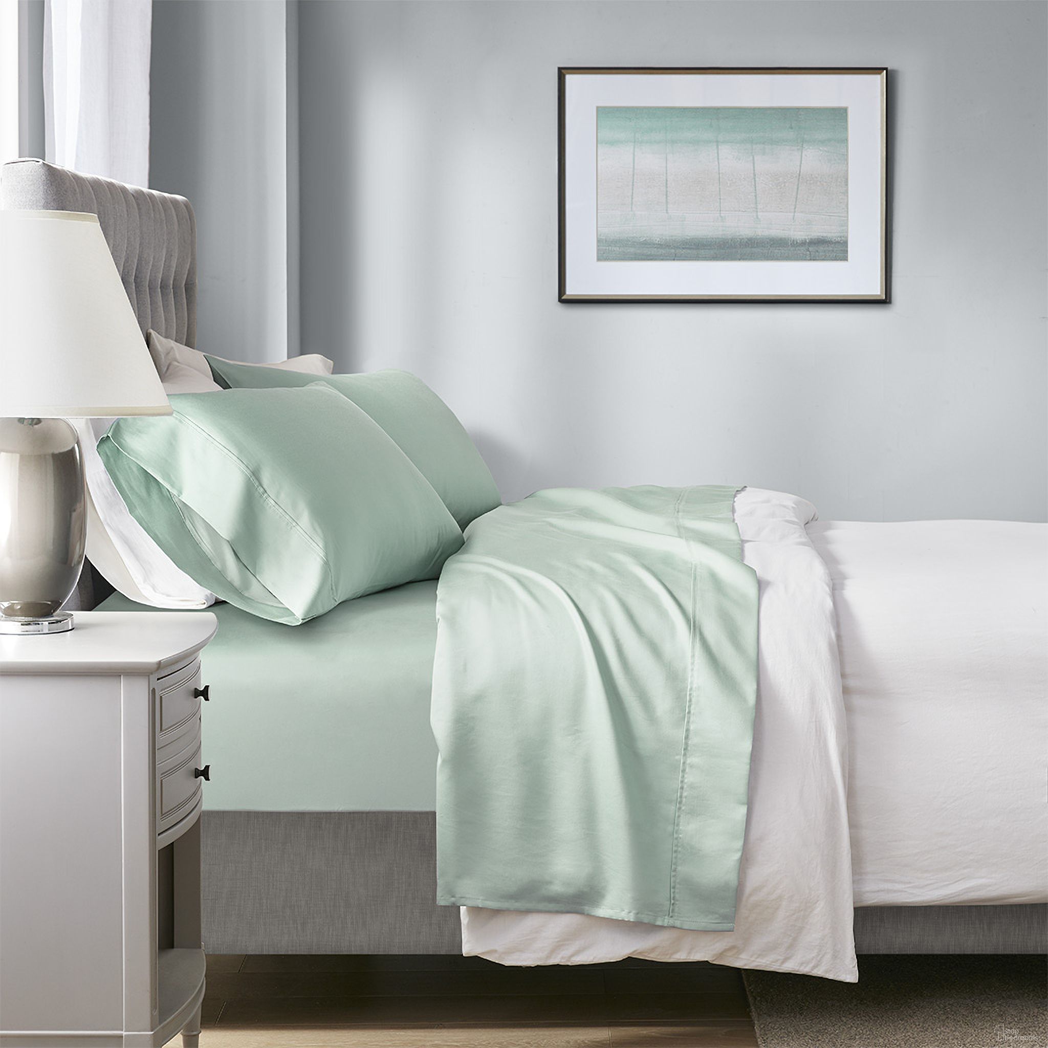 The appearance of Cotton And Polyester Solid Antimicrobial 4 Piece King Sheet Set With Heiq Temperature Regulating In Seafoam designed by Olliix in the transitional interior design. This seafoam piece of furniture was selected by 1StopBedrooms from 1000 Thread Count Collection to add a touch of cosiness and style into your home. Sku: BR20-1873. Material: Polyester. Bed Size: King.