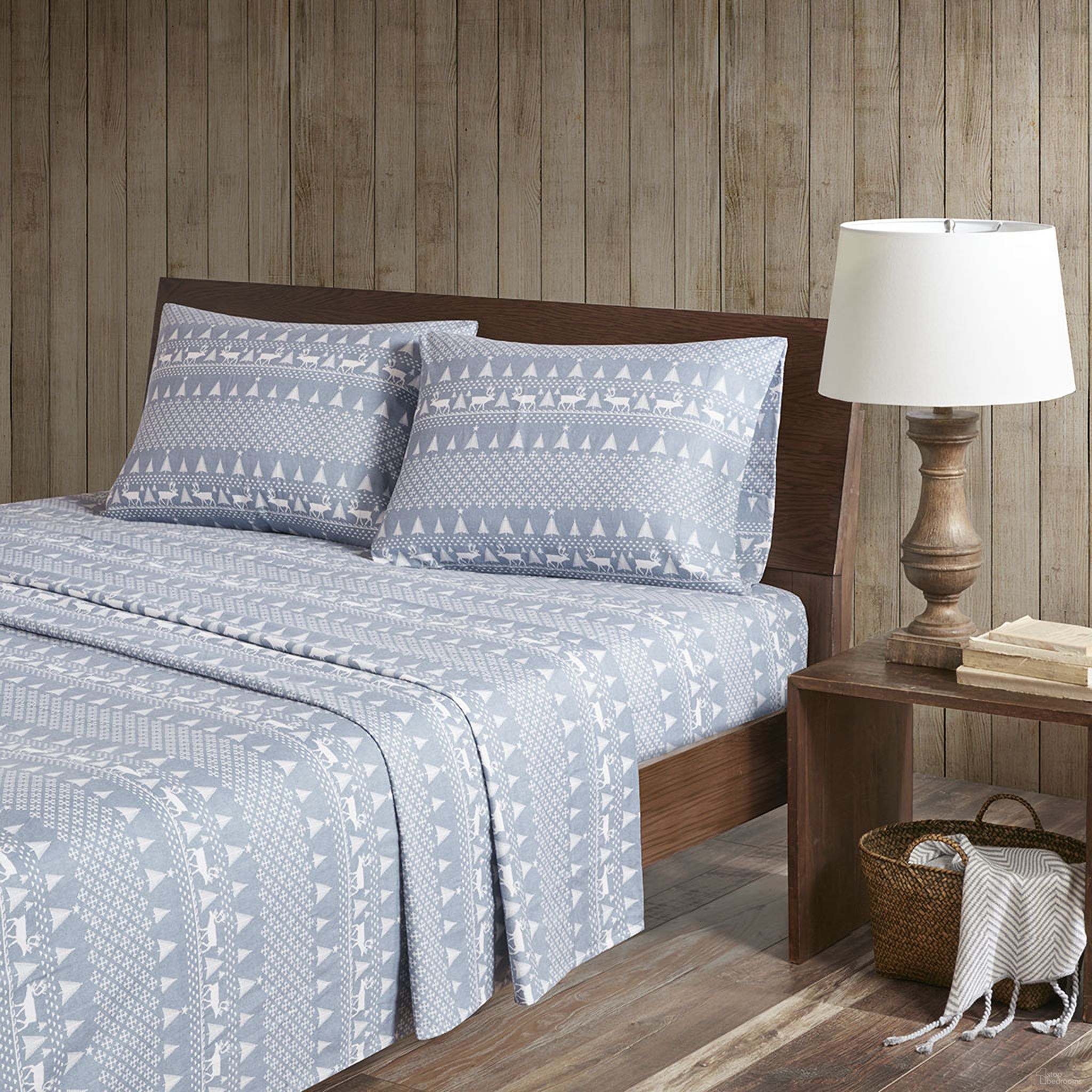 Cotton Flannel Printed 4 Piece King Sheet Set In Blue Winter Frost
