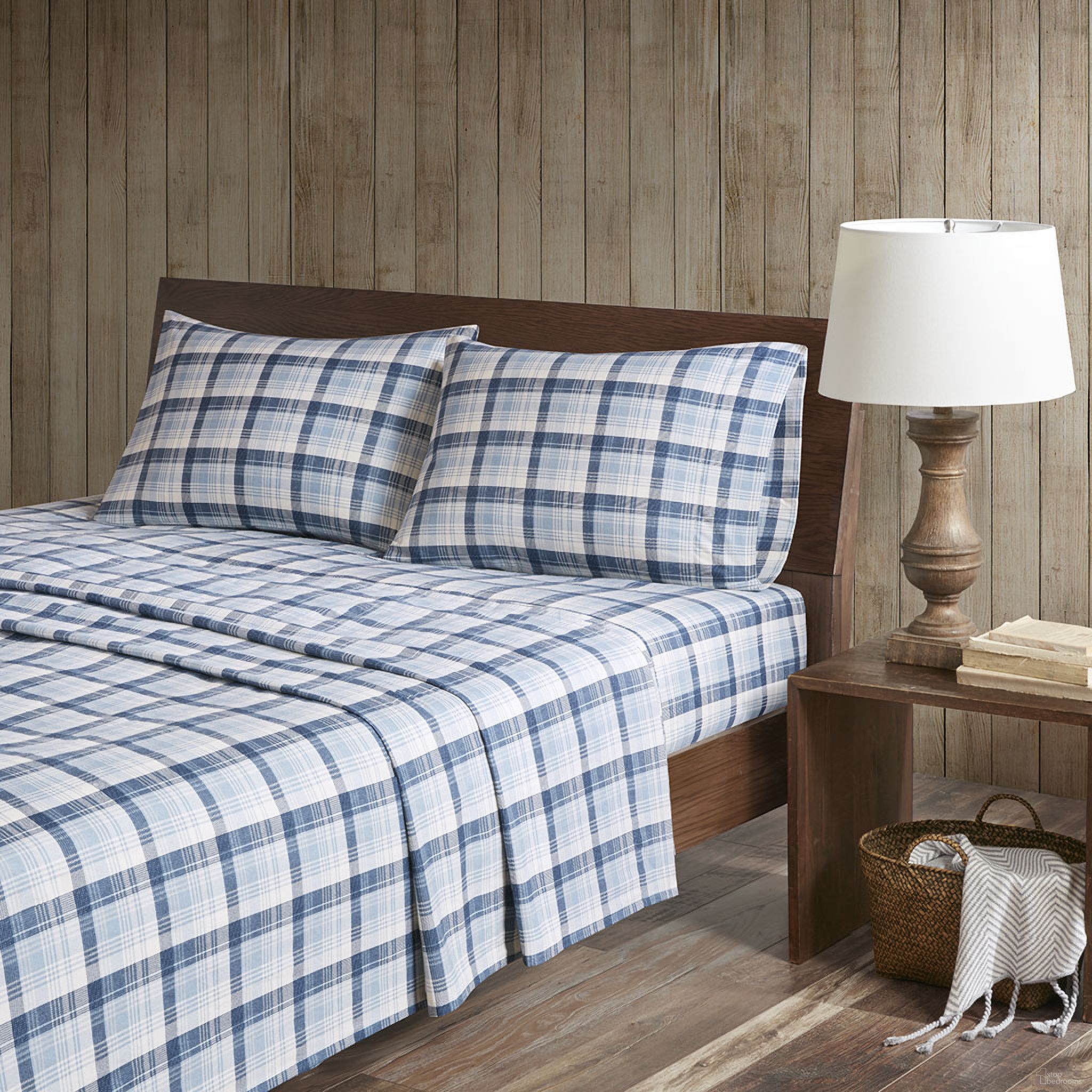Cotton Flannel Printed 4 Piece California King Sheet Set In Blue Plaid