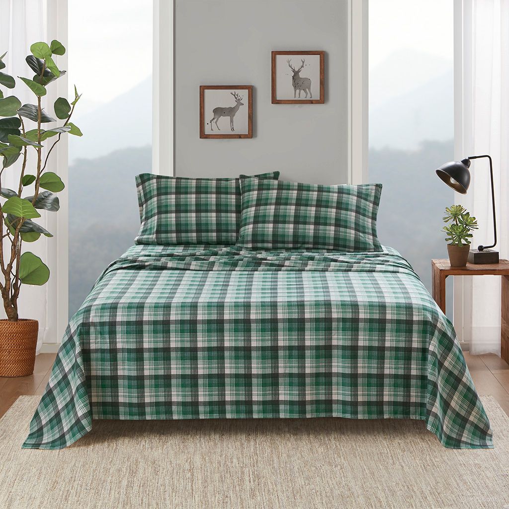 The appearance of Cotton Flannel Sheet Set In Green Plaid designed by Olliix in the cabin / lodge interior design. This green plaid piece of furniture was selected by 1StopBedrooms from Cotton Flannel Collection to add a touch of cosiness and style into your home. Sku: WR20-4003. Bed Size: Twin. Material: Cotton.