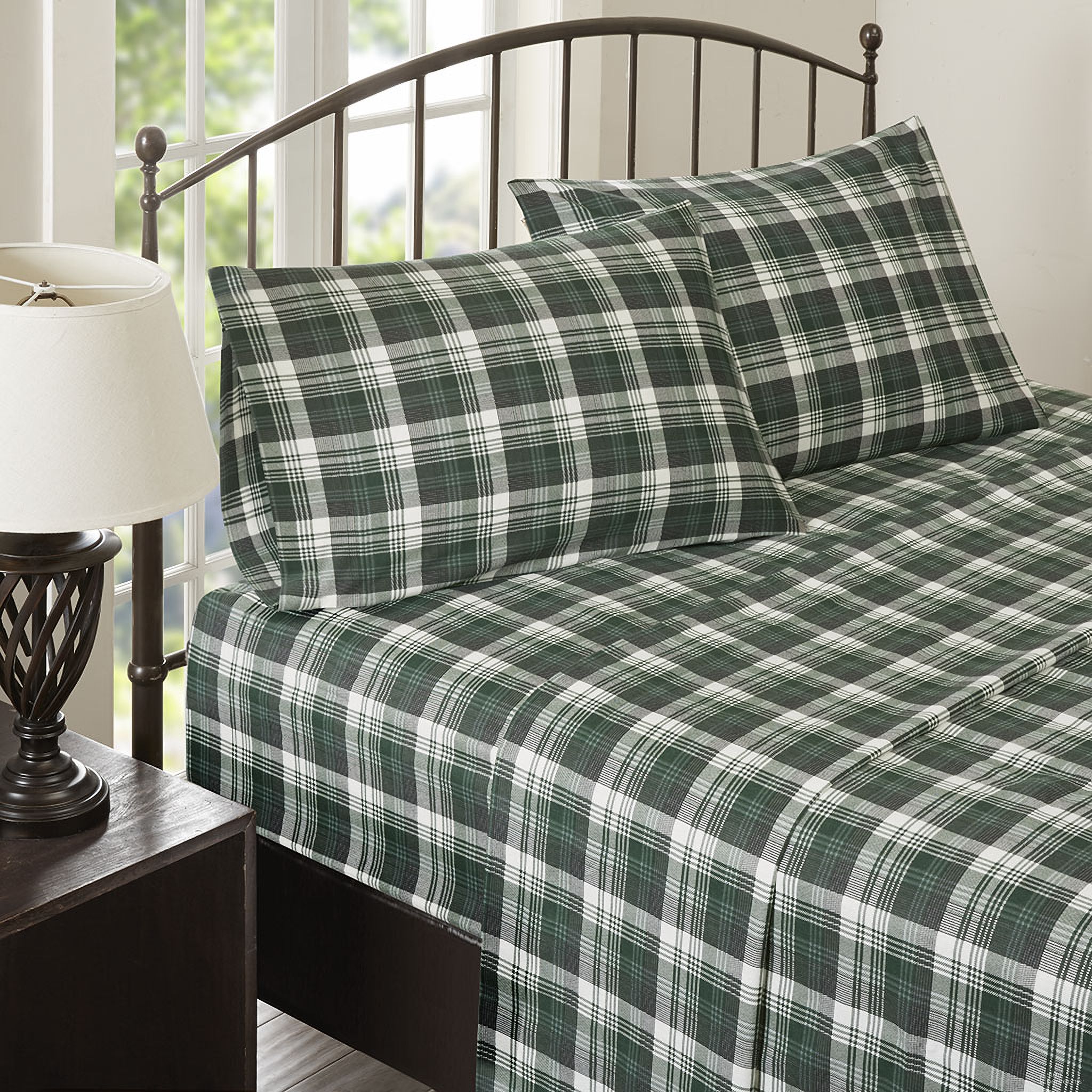 Cotton Flannel 4 Piece King Sheet Set In Green Plaid
