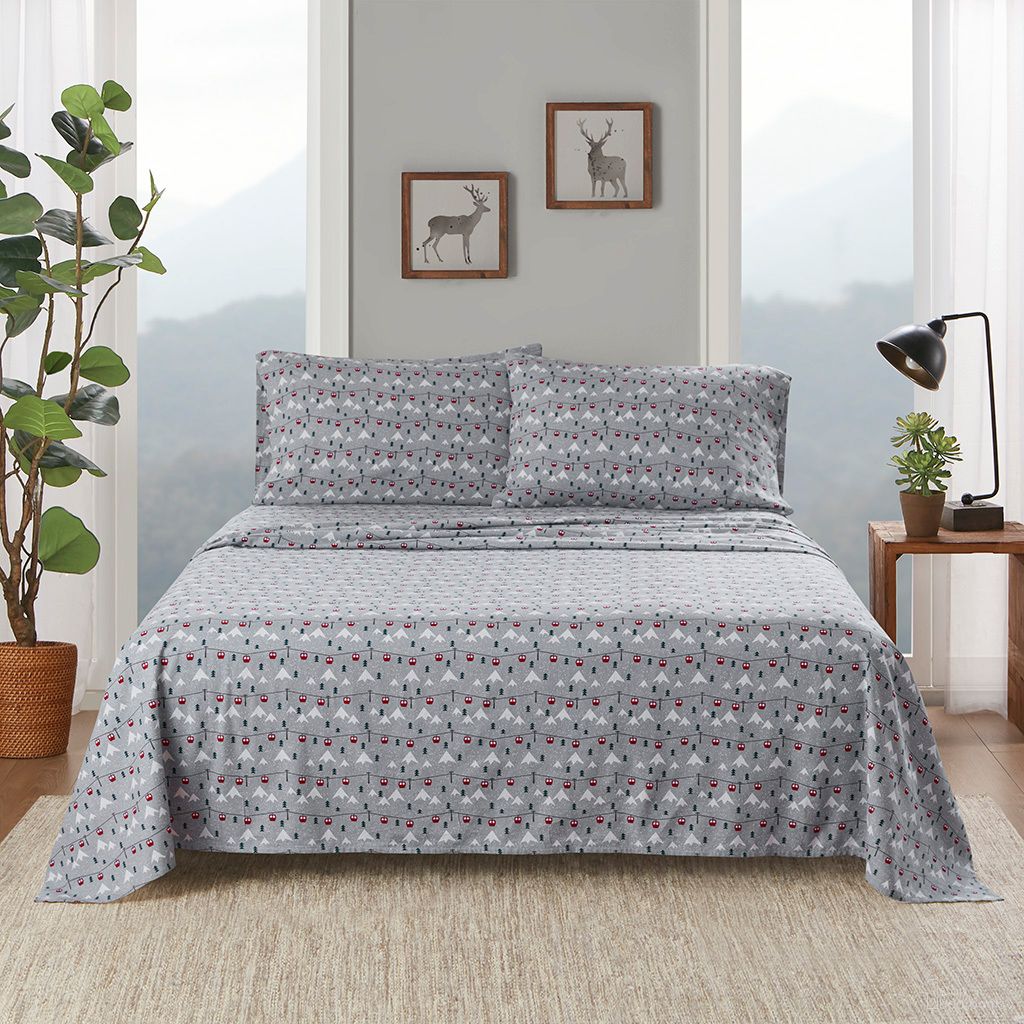 Cotton Flannel Sheet Set In Grey Ski Jump