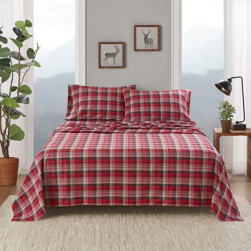 The appearance of Cotton Flannel Sheet Set In Red Plaid designed by Olliix in the cabin / lodge interior design. This red plaid piece of furniture  was selected by 1StopBedrooms from Cotton Flannel Collection to add a touch of cosiness and style into your home. Sku: WR20-4002. Bed Size: Full. Material: Cotton.