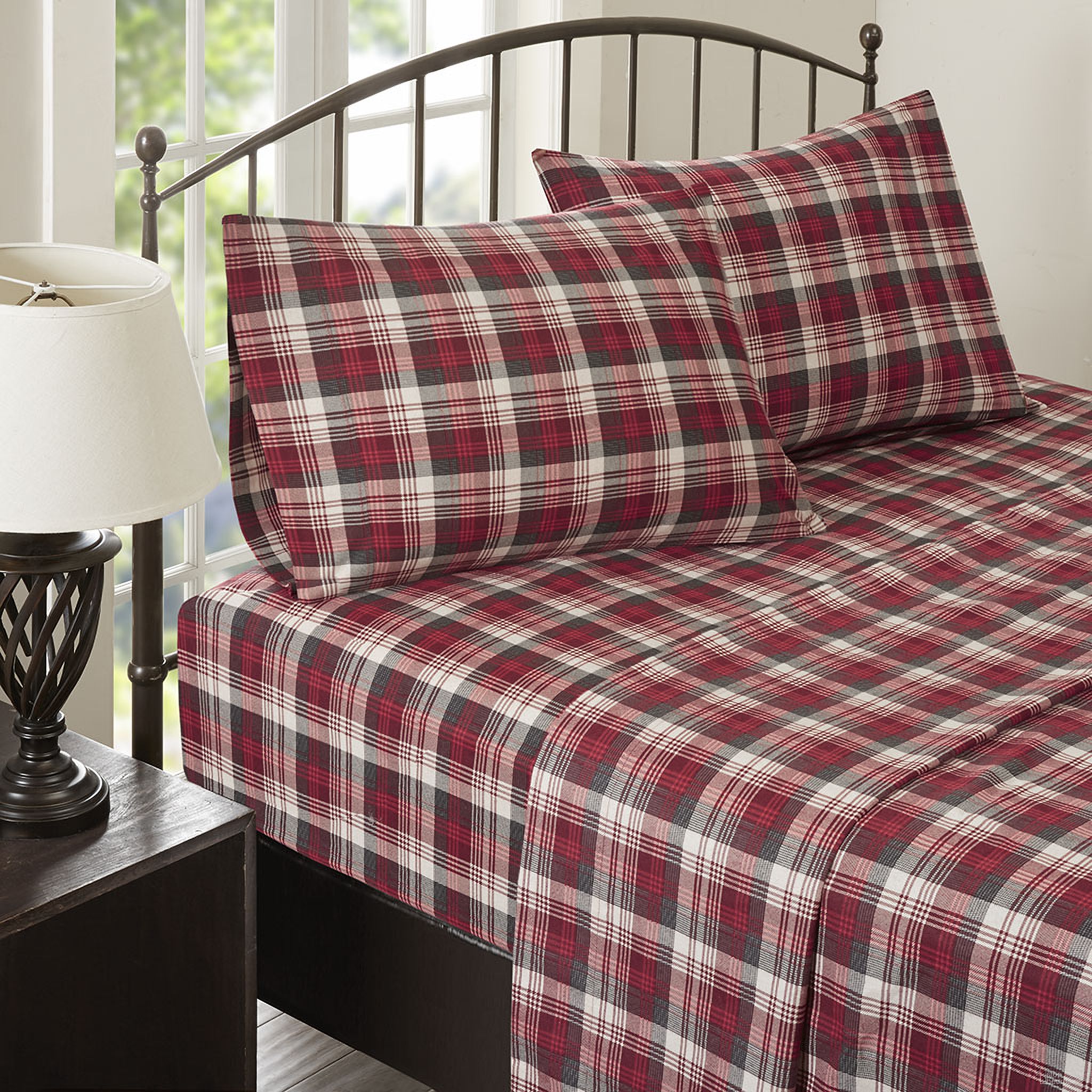 The appearance of Cotton Flannel 4 Piece King Sheet Set In Red Plaid designed by Olliix in the cabin / lodge interior design. This red plaid piece of furniture was selected by 1StopBedrooms from Flannel Collection to add a touch of cosiness and style into your home. Sku: WR20-1800. Bed Size: King. Material: Cotton.