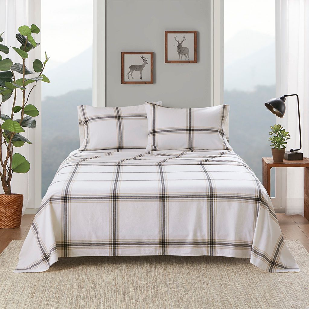 Cotton Flannel Sheet Set In Tan Plaid