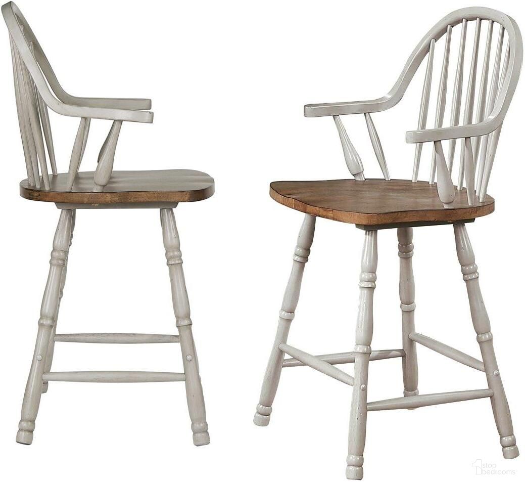 The appearance of Country Grove 24 Inch Windsor Bar and Counter Stool with Arms Set of 2 designed by Sunset Trading in the modern / contemporary interior design. This distressed light gray and medium walnut piece of furniture  was selected by 1StopBedrooms from Country Grove Collection to add a touch of cosiness and style into your home. Sku: DLU-CG-B3024A-GO-2. Material: Wood.