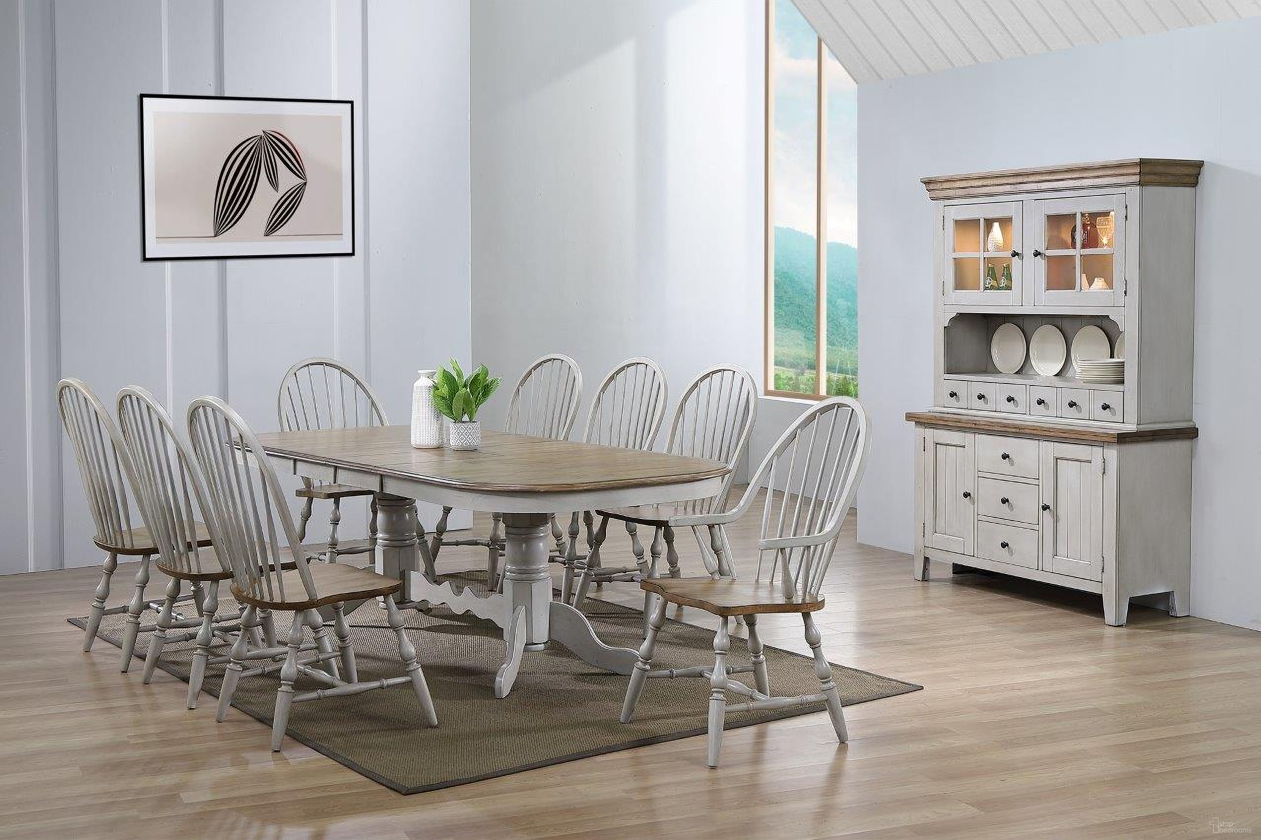 The appearance of Country Grove Distressed Gray and Brown Wood 10 Piece Double Pedestal Extendable Dining Table Set designed by Sunset Trading in the modern / contemporary interior design. This distressed light gray and medium walnut piece of furniture was selected by 1StopBedrooms from Country Grove Collection to add a touch of cosiness and style into your home. Sku: DLU-CG-TTB-4296-GO-T;DLU-CG-TTB-4296-GO-B;DLU-CG-C30-GO-2;DLU-CG-C30-GO-2;DLU-CG-C30-GO-2;DLU-CG-C30-GO-A;DLU-CG-C30-GO-A;DLU-CG-BUF-GO;DLU-CG-HUT-GO. Material: Wood.
