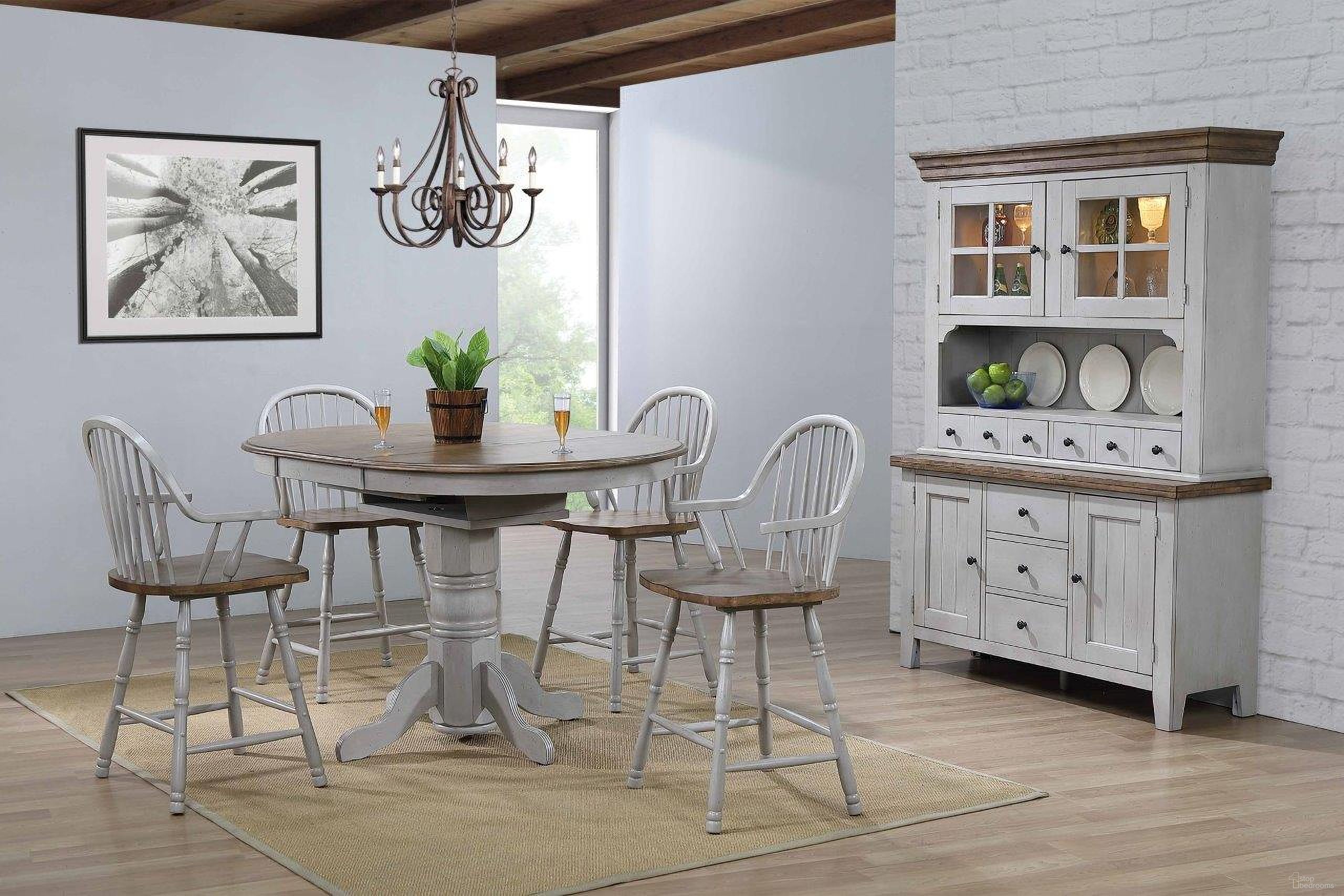 The appearance of Country Grove Distressed Gray and Brown Wood 6 Piece Round or Oval Extendable Pub Table Set designed by Sunset Trading in the modern / contemporary interior design. This distressed light gray and medium walnut piece of furniture was selected by 1StopBedrooms from Country Grove Collection to add a touch of cosiness and style into your home. Sku: DLU-CG-TP-4260-GO-T;DLU-CG-TP-4260-GO-CB;DLU-CG-B3024-GO-A-RTA;DLU-CG-B3024-GO-A-RTA;DLU-CG-BUF-GO;DLU-CG-HUT-GO. Material: Wood.
