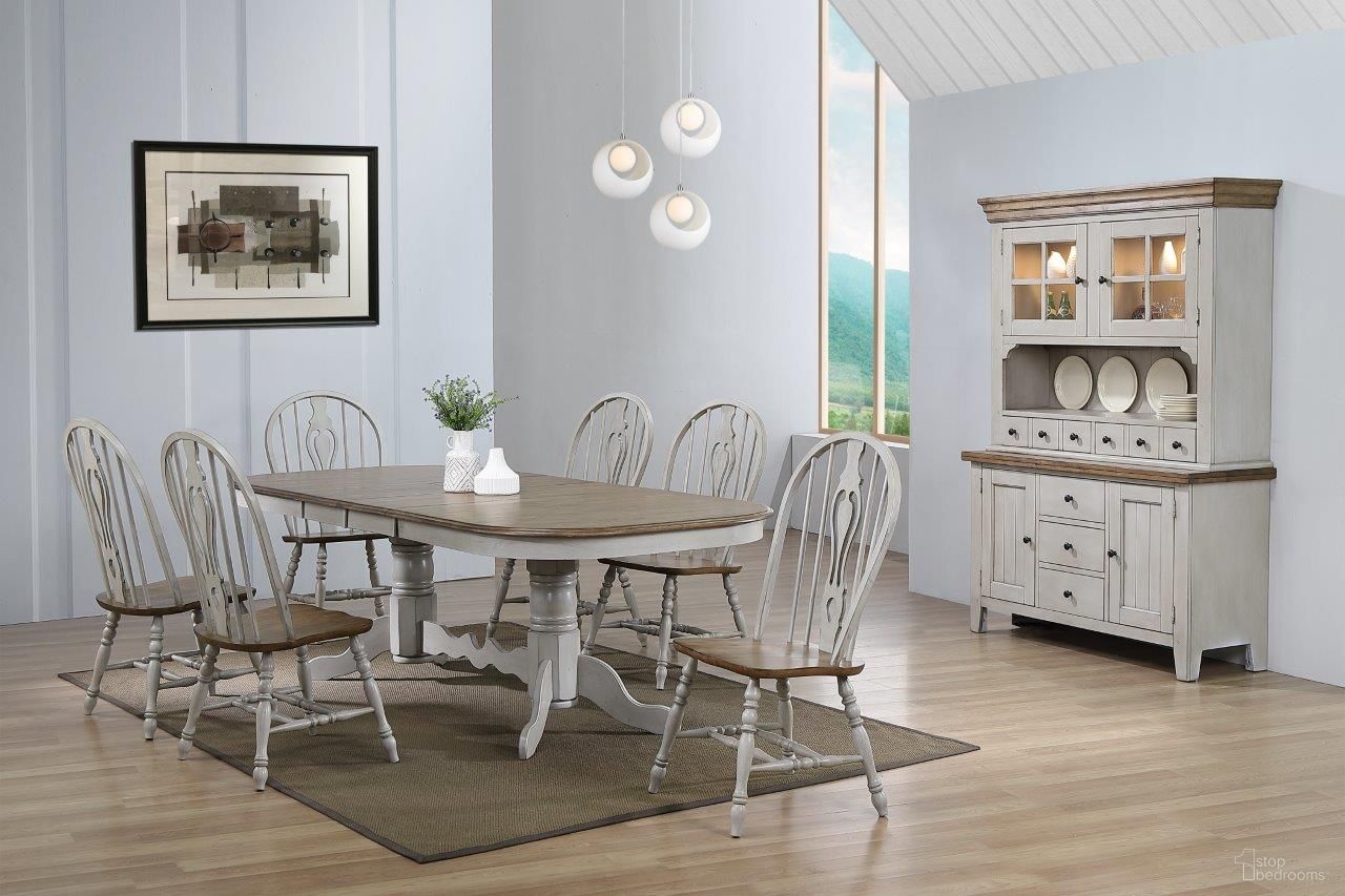 The appearance of Country Grove Distressed Gray and Brown Wood 8 Piece Double Pedestal Extendable Dining Table Set designed by Sunset Trading in the modern / contemporary interior design. This distressed light gray and medium walnut piece of furniture was selected by 1StopBedrooms from Country Grove Collection to add a touch of cosiness and style into your home. Sku: DLU-CG-TTB-4296-GO-T;DLU-CG-TTB-4296-GO-B;DLU-CG-124-S-GO-2;DLU-CG-124-S-GO-2;DLU-CG-124-S-GO-2;DLU-CG-BUF-GO;DLU-CG-HUT-GO. Material: Wood.