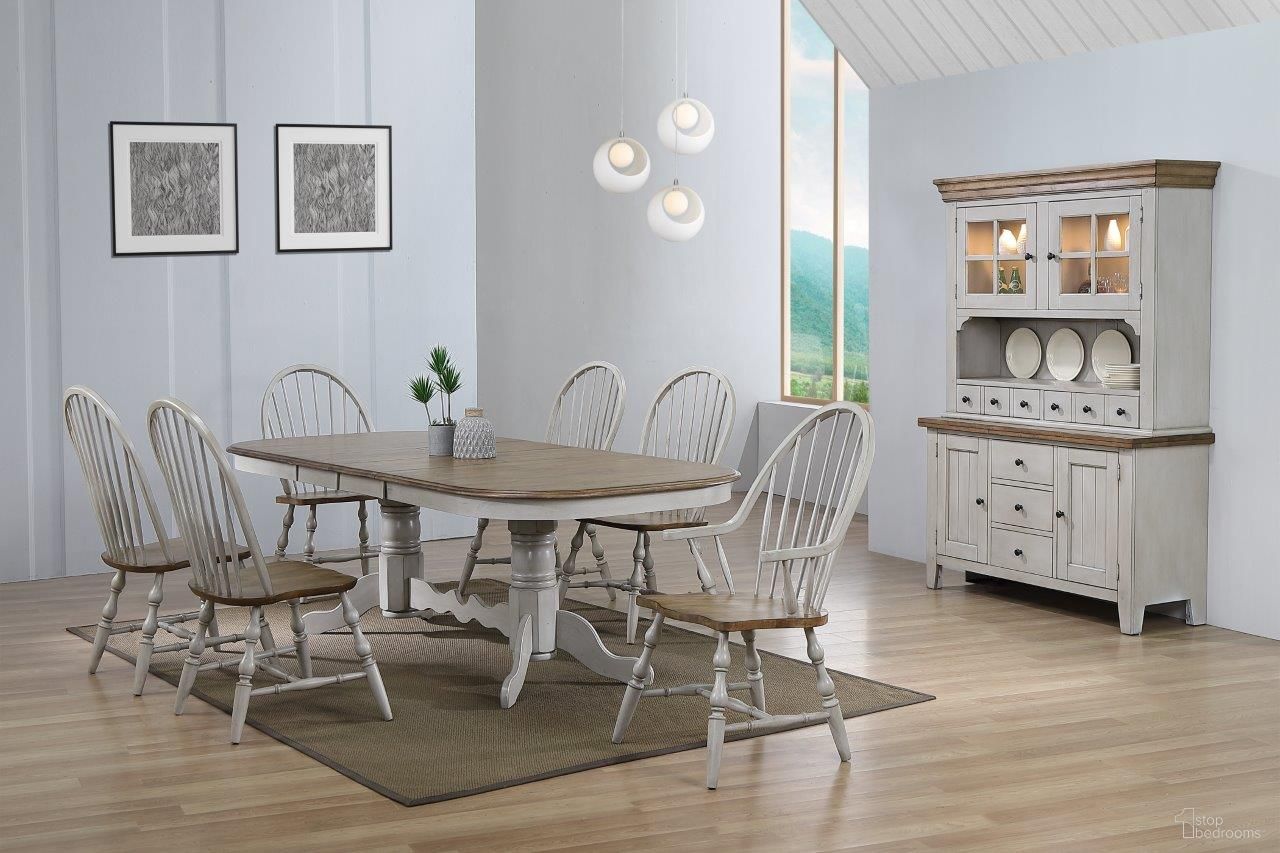The appearance of Country Grove Distressed Gray and Brown Wood 8 Piece Double Pedestal Extendable Dining Table Set designed by Sunset Trading in the modern / contemporary interior design. This distressed light gray and medium walnut piece of furniture  was selected by 1StopBedrooms from Country Grove Collection to add a touch of cosiness and style into your home. Sku: DLU-CG-TTB-4296-GO-T;DLU-CG-TTB-4296-GO-B;DLU-CG-C30-GO-2;DLU-CG-C30-GO-2;DLU-CG-C30-GO-A;DLU-CG-C30-GO-A;DLU-CG-BUF-GO;DLU-CG-HUT-GO. Material: Wood.