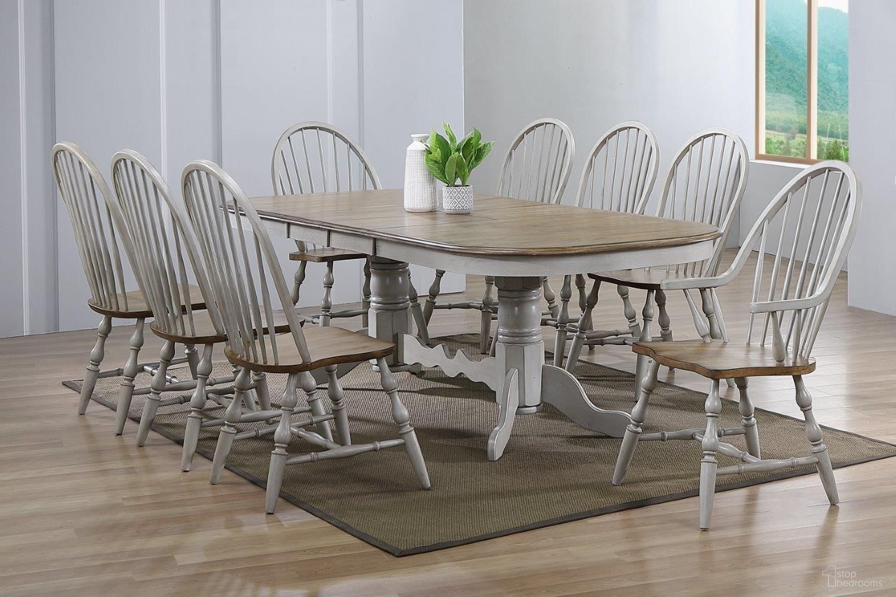 The appearance of Country Grove Distressed Gray and Brown Wood 9 Piece Double Pedestal Extendable Dining Table Set designed by Sunset Trading in the modern / contemporary interior design. This distressed light gray and medium walnut piece of furniture was selected by 1StopBedrooms from Country Grove Collection to add a touch of cosiness and style into your home. Sku: DLU-CG-TTB-4296-GO-T;DLU-CG-TTB-4296-GO-B;DLU-CG-C30-GO-2;DLU-CG-C30-GO-2;DLU-CG-C30-GO-2;DLU-CG-C30-GO-A;DLU-CG-C30-GO-A. Material: Wood.