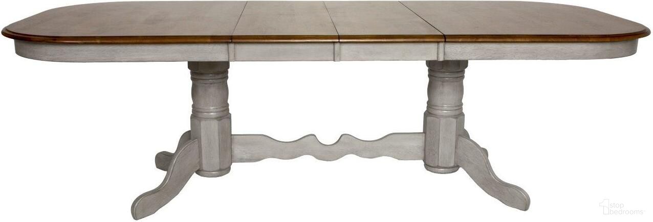 The appearance of Country Grove Distressed Gray and Brown Wood Trestle Extendable Dining Table designed by Sunset Trading in the modern / contemporary interior design. This distressed light gray and medium walnut piece of furniture  was selected by 1StopBedrooms from Country Grove Collection to add a touch of cosiness and style into your home. Sku: DLU-CG-TTB-4296-GO-T;DLU-CG-TTB-4296-GO-B. Table Base Style: Trestle. Material: Wood. Table Top Shape: Rectangular. Size: 42" x 96".